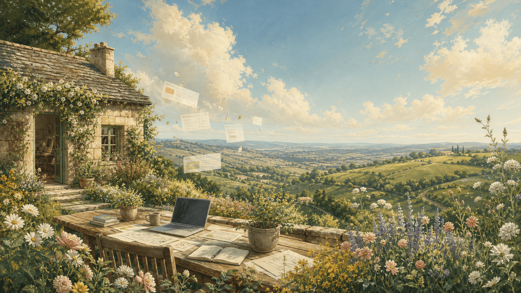 A painterly studio cottage in a wildflower garden with subtle digital work notes.